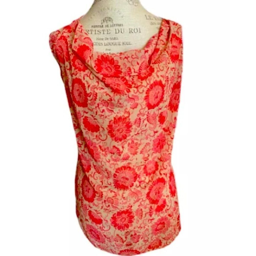 Cabi 5037 Small Vita Pink & Tan Floral Printed Sheer Drape Neck Tank Top Blouse